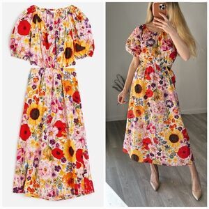 H&M Floral Cut Out Dress Puff Sleeves New